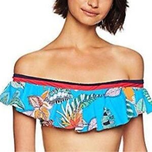 TRINA TURK off shoulder bandeau swimsuit bikini top tropical sz 10 vacation NWT